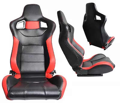 NEW 2 Black & Red Leather Racing Seat RECLINABLE + Slider 1964-2012 Ford Mustang • $296.62