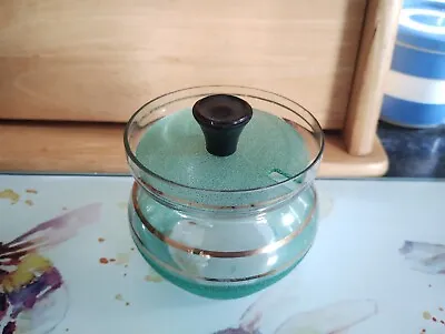 Vintage 1950 Green Sugar Frosted Glass Jam Honey Marmalade Lidded Pot • £10