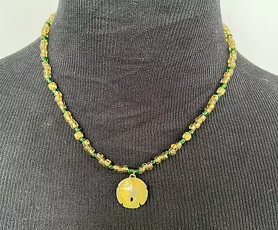 Gold-toned Sand Dollar Pendant Necklace Glass Green & Gold-toned Seed Beads • $17.99