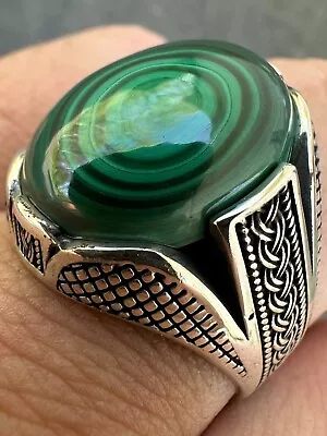 Large Green Malachite Gemstone Mens Real Solid 925 Sterling Silver Signet Ring • $65.03