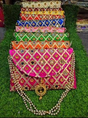 Indian Handmade Women's Embroidered With Mirror Work Clutch Purse Indian Purse • £9.92