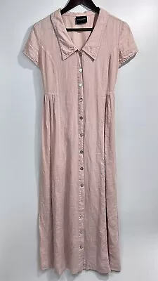 VNTG DENNIS GOLDSMITH Button Dress Sz 4 100% Linen Pink Lagenlook Prairie 90s • $52.95