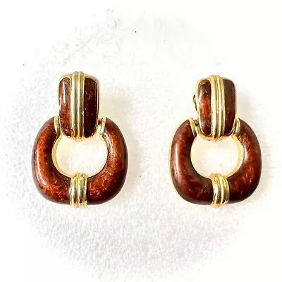 Vintage Gold Tone  Brown Enamel Door Knocker Drop Earrings  1  1/8 By 1 Inch • $14