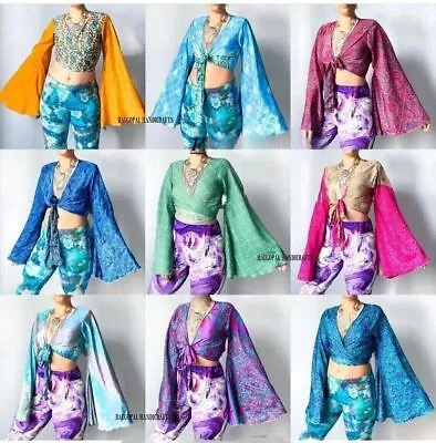 5 Pcs Lot Indian Vintage Silk Sari Bell Sleeve Crop Top Retro 60s 70s Clothing • $108.68