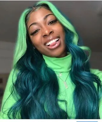 Long Body Wave Green Highlight Wig Synthetict Heat Safe Lace Front Wig Party Cos • $47.49