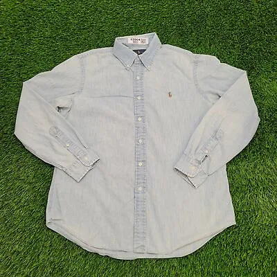 Vintage Ralph-Lauren Chambray Button Shirt L 21.5x26 Embroidery Small-Equestrian • $48.50
