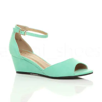 Womens Ladies Low Mid Wedge Heel Ankle Strap Smart Casual Evening Sandals Size • £23.99