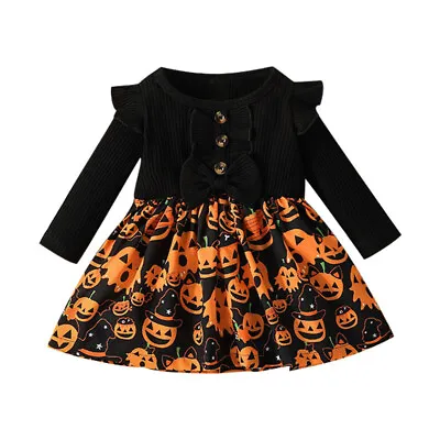 Halloween Baby Toddler Girls Costume Pumpkin Long Sleeve A-line Dress Clothes UK • £8.09