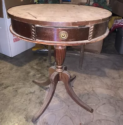 Antique Mahogany 25  Round Drum Table With Drawer And Brass Feet. • $161