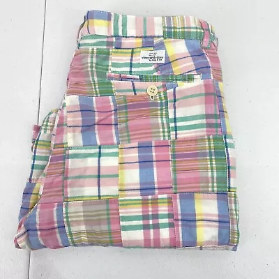 Vineyard Vines Shorts Mens 33 Patchwork Madras Multicolor Plaid Aqua Pink Blue • $25.95