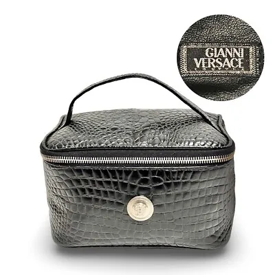 GIANNI VERSACE COUTURE Medusa Crocodile Embossed Leather Vanity Handbag Black • $210