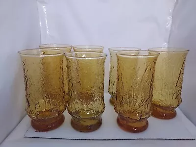 Vintage Anchor Hocking Drink Glasses Rain Flower Honey Gold Amber 5.5in Set Of 7 • $24.50