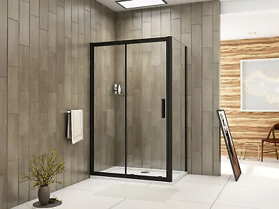 Black Frame Sliding Shower Enclosure Door Cubicle SidePanel NANO Glas And Tray • £332