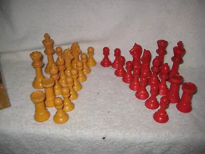 Vintage Carved Bakelite Chess Set Player Pieces - 32 Red & Goldish & Wood Box • $152.50