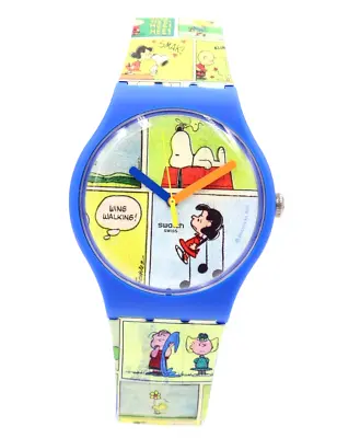 New Swiss Swatch X Peanuts SMAK! Blue Multicolor Silicone Watch 40mm SO29Z108 • $88