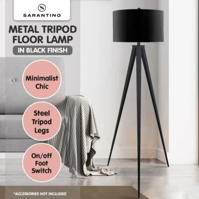 $115 • Buy Floor Lamp Tripod Stand Round Drum Shade Wood Finish Legs Light Reading Black