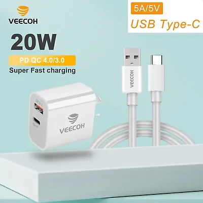 $6.99 • Buy VEECOH 20W Wall Charger 5A USB Type-C Cable PD For Huawei Samsung Xiaomi Oppo