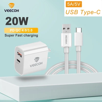 $6.99 • Buy VEECOH 20W Wall Charger 5A USB Type-C Cable PD For Huawei Samsung Xiaomi Oppo