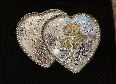 Montana Silversmiths Double Heart Western Belt Buckle Gold Trim W/ Rose • $24