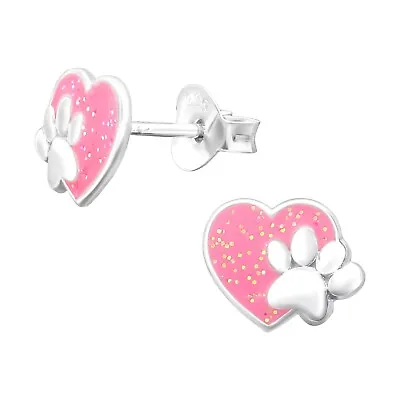£4.99 • Buy Girls 925 Sterling Silver Glitter Heart PAW PRINT Stud Earrings Cute Dog UK
