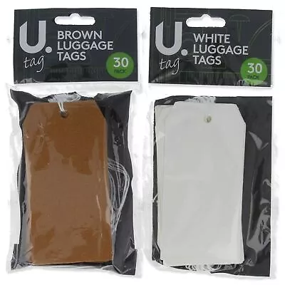 BROWN/WHITE LUGGAGE LABELS 30 Pack Pre Strung Arts & Crafts Rectangular Gift Tag • £6.49