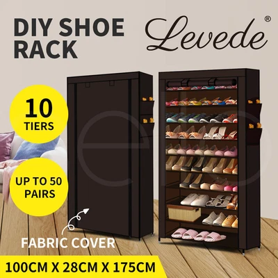 $35.99 • Buy Levede 10 Tier Shoe Rack Portable Storage Cabinet Organiser Wardrobe Brown Cover