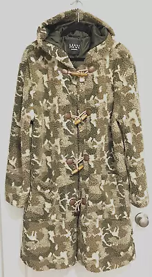 BOOHOOMAN Men Khaki Polyester Camo Camouflage Borg Duffle Coat Hooded Jacket L • $19.99