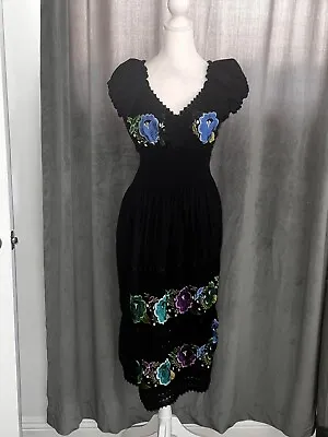 Vintage 70’sBlack Mexican Wedding Floral Embroidered Dress Cotton Boho Pullover • $19.99