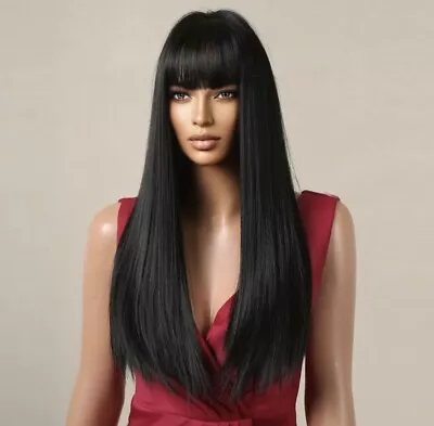 Natural Black Wig Long Straight Wigs For Women Fringe Wig Heat Resistant. • £22.28