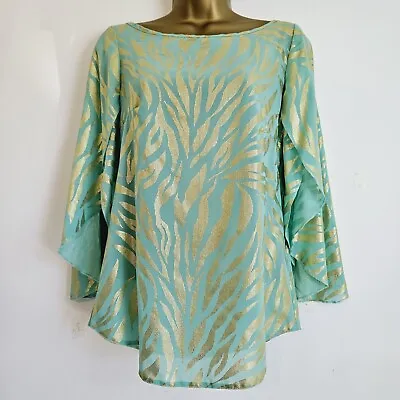 NEW Ex Wallis 8-20 Green Gold Print Bell Sleeve Crepe Chiffon Holiday Blouse Top • £11.95