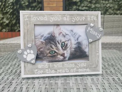 Personalised Cat Memorial Photo Picture Frame In Grey In Loving Memory Any Word • £11.95