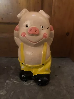 Vintage Tan/yellow/pink Ceramic Pig In Overalls 6  Piggy Bank W/ Stopper Coins • $5