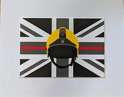 £22 • Buy Mounted Print Of A London Fire Brigade Firefighters Helmet Thin Red Line Flag
