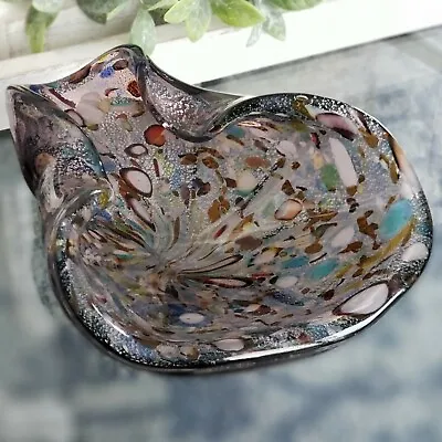 Murano Art Glass Bowl Purple Lavender Clear Silver Fleck Swirl Vintage  • $55