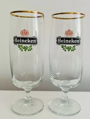 2 X Heineken Beer Glasses Tulip Stemmed Logo Gold Rim 300ml Rare Bar Cave Shed • $43.59
