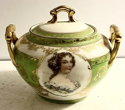 Victoria Carlsbad Austria Portrait Sugar Bowl Hand Painted Gold Gilt 1890- 1920 • $47.20