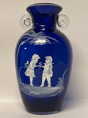 Large Westmoreland  Mary Gregory  Style Deep Cobalt Blue Vase W/Curled Handles • $16