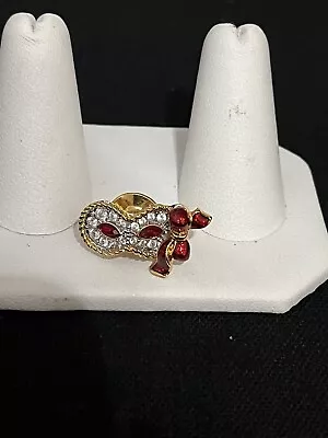 VTG 'SWAROVSKI SWAN' Masquerade Pave Crystal Mask Mardi Gras PIN Gold+Red • $7