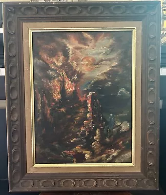 Jesus Vintage Oil Painting Burning Bush Fire Cross Moses Mary Christian Signed • $99.99