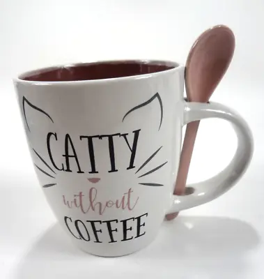 Large Mug Cup Spoon Ceramic Gray Mauve Pink Tea Hot Cocoa Catty Without Coffee • $9.99