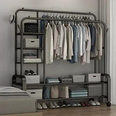 Heavy Duty Double Clothes Rail Rack Hanging Garment Display Stand Open Wardrobe • £28.95