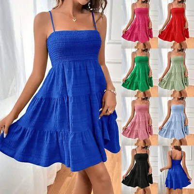 Ladies Holiday Backless Strappy Swing Summer Mini Stretchy Beach Sun Dress SIZES • £13.79