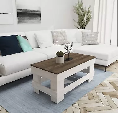 Modern Farmhouse Wood Coffee Table Rustic Brown Distressed White Furniture Decor • $157.99