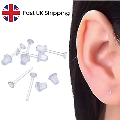 20 Pairs Invisible Clear Plastic Stud Earrings. Acrylic Post Silicone Back.  • £3.99