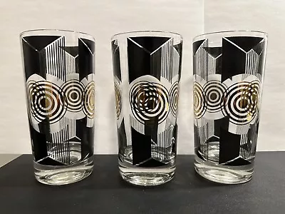 Vintage MCM Black And Gold Fred Press Style Highball Glasses ~Set Of 7 • $80