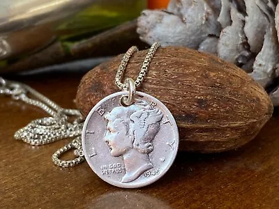 MERCURY Dime Sterling Silver Necklace | Vintage Coin On 16 -18  Silver Necklace • $29.95