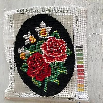 Vintage Needlepoint Complete Red Roses Black Oval 9x7 Collection D Art Made EU • $22.98