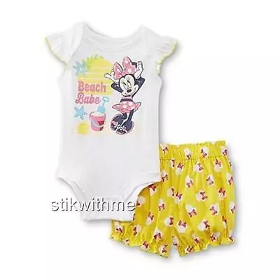 DISNEY Baby Clothing ~ Minnie Mouse ~ BODYSUIT & Bubble SHORTS SET  6-9 Mos. NEW • $14.99