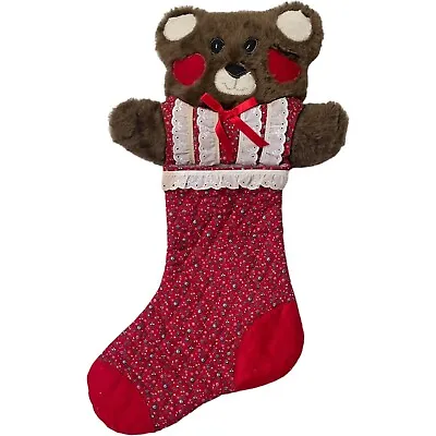 Christmas 3D Stocking Teddy Bear W Heart Cheeks Plush Quilted 21” Vintage STAINS • $27.12