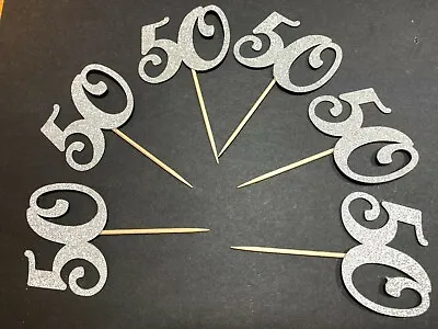 50th Birthday Anniversary Cupcake Toppers Silver Number 50 Cake Decorations • £3.50